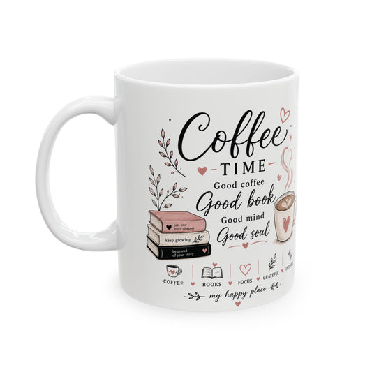 Coffee & Books Ceramic Mug — 'Coffee Time' Cozy Reading Gift (11oz/15oz)