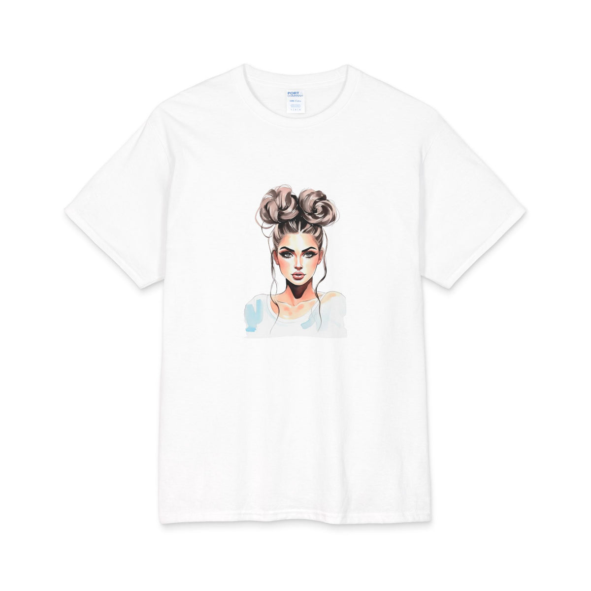 Watercolor Bun Hairstyle Portrait Tee — Women's Fashion Illustration Graphic T-Shirt
