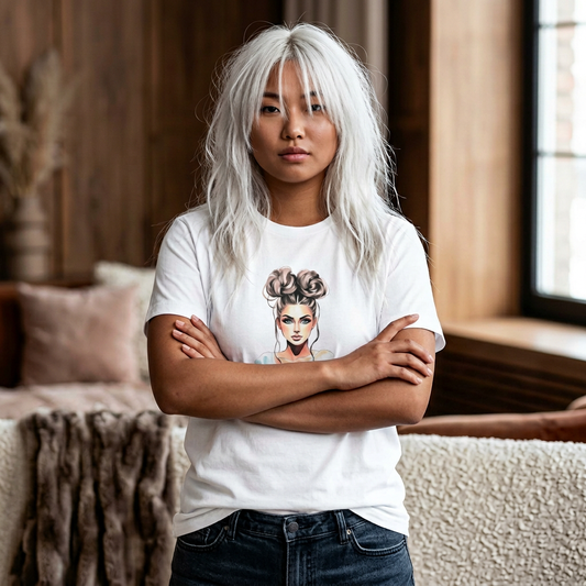 Watercolor Bun Hairstyle Portrait Tee — Women's Fashion Illustration Graphic T-Shirt